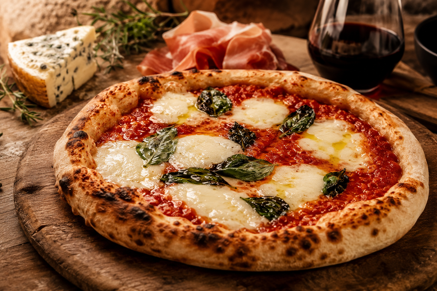 Pizzas napolitaines servies sur une table en bois dans une pizzeria à Bourg-en-Bresse dans l'Ain, ambiance chaleureuse au four à bois