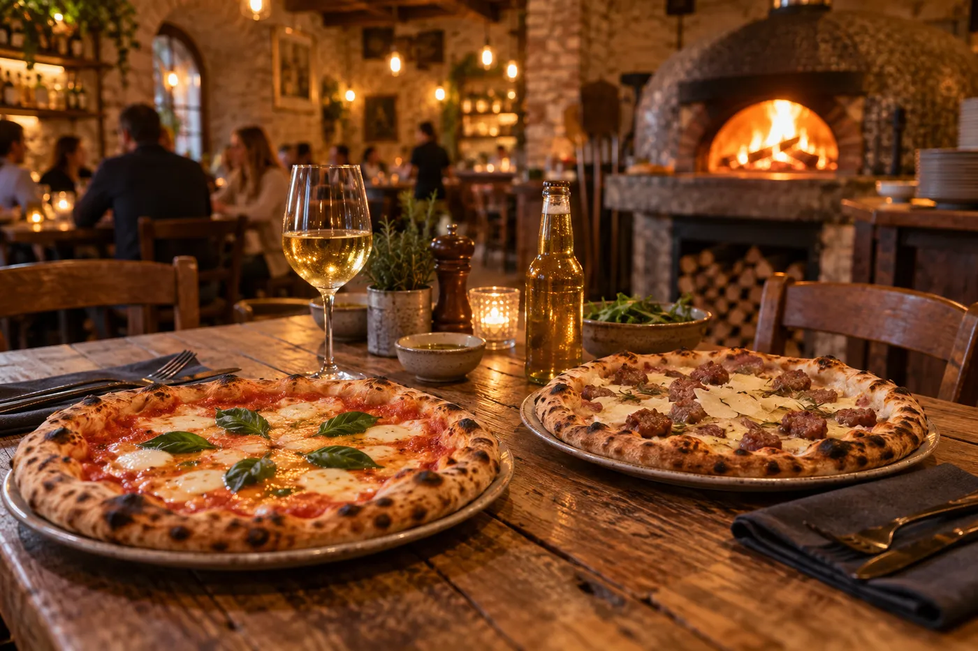 Pizzas napolitaines servies sur une table en bois dans une pizzeria du Doubs, ambiance chaleureuse au four à bois