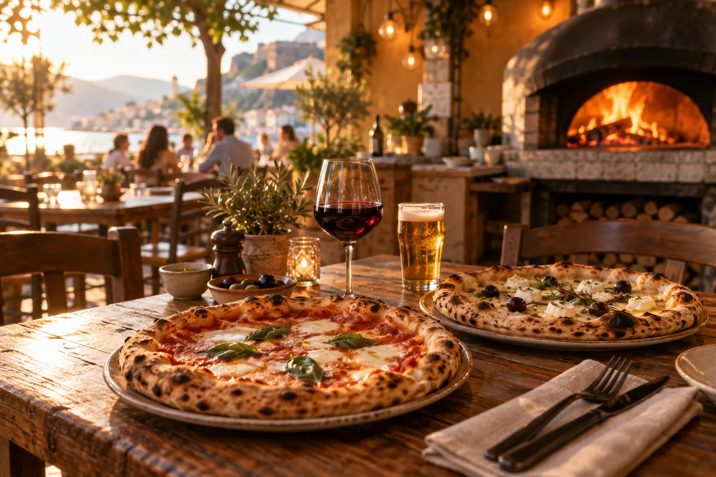 Pizzas napolitaines servies sur une table en bois dans une pizzeria à Valence dans la Drôme, ambiance chaleureuse au four à bois