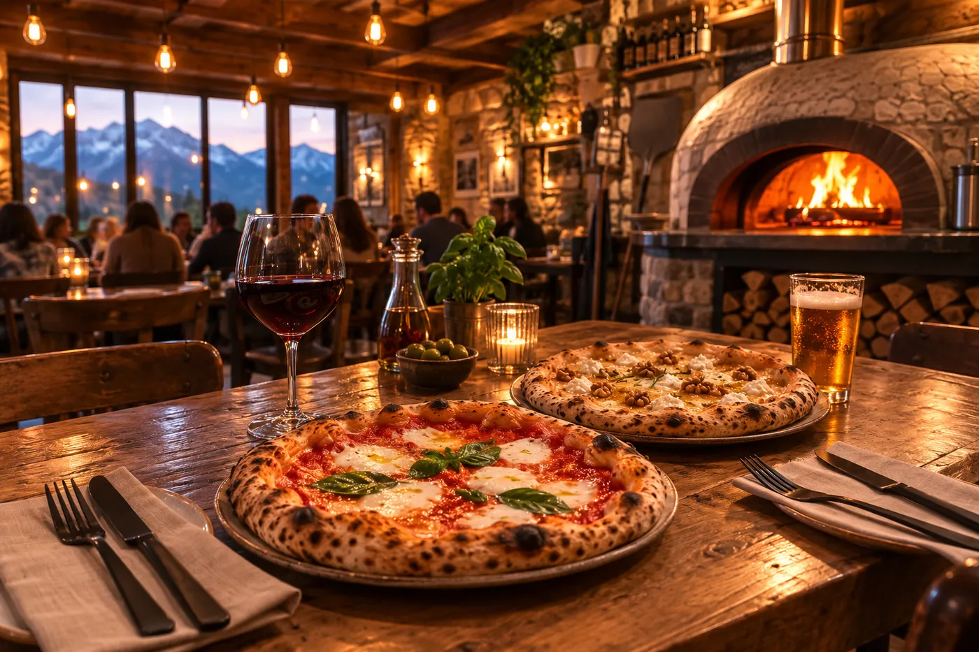Pizzas napolitaines servies sur une table en bois dans une pizzeria à Grenoble dans l'Isère, ambiance chaleureuse au four à bois