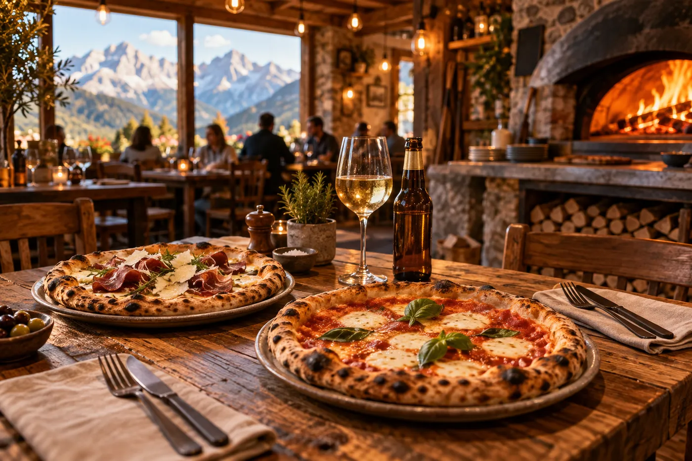 Pizzas napolitaines servies sur une table en bois dans une pizzeria des Hautes-Alpes, ambiance chaleureuse au four à bois