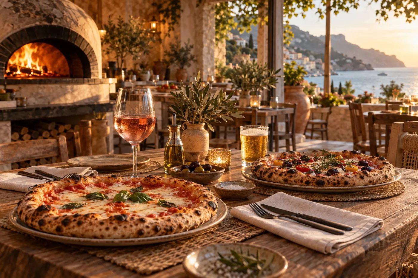 Pizzas napolitaines servies sur une table en bois dans une pizzeria des Alpes-Maritimes, ambiance méditerranéenne au four à bois